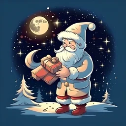 Santa Claus, with a gift, at night, the moon is full, the stars are shining.