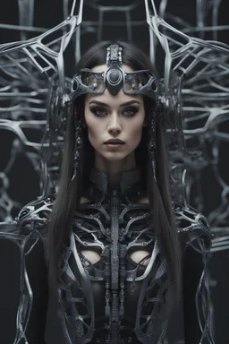 A realistic high detailed photograph of a gorgeous gen z fashion model with long flowing dark hair full body poses fiercely wearing a futuristic skeletal outfit with 3 dimensional bone designs