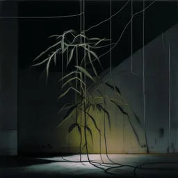 Minimal abstract oil painting of a plant in concrete warehouse brutalist architecture and hanging wires illuminated at night.In the style of Justin Mortimer and Frances Bacon