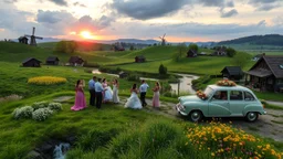 group of people are dancing in a national celebration in a village over high grassy hills,a small fall and river and wild flowers at river sides, trees houses ,next to Ripe wheat ready for harvest farm,windmill ,a few village local shops .people are dancing in a wedding celebration,a pretty car with flowers for eedding couple, cloudy sun set sky,a few village local shops