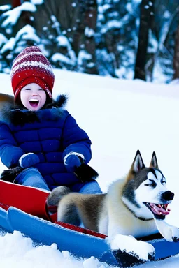 niño y niña viajan en un trineo tirado por un husky