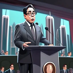 Caricatura de Gustavo Petro traje gris hablando en la conferencia Un Nuevo Pacto Financiero Mundial detallado colores contrastantes 4k arte caricatura