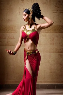 [ancien Egypt, real photography] Satiah's dance is a tantalizing symphony of temptation, a hypnotic blend of fluid movements that entwine with the desires of those who watch. With each sensuous sway of her hips, she evokes the ancient allure of Bilquis, the goddess who ensnared the hearts of kings and divinities alike. As the music's tempo ebbs and flows, Satiah's dance weaves a tale of empowerment and submission, dominance and surrender. Her fingers trace a path through the air, conjuring visi