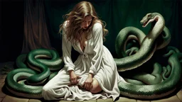 an suffering and crying female figure kneel in vintage white long-sleeve sleepdress and a lot of giant green-brown color and black-red color shiny evil snakes climbing on his all body completely covered, twisting her legs , many snake climbing her body and neck, long, messy dark blonde hair covering her face, high detalied, high realistic, cinematic, surreal, thriller, dark fantasy, sunset, mistic fog, blur dark forest in background