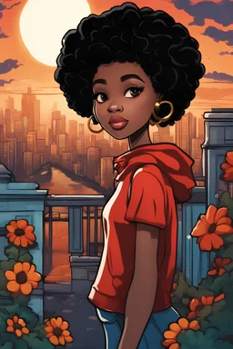A beautiful young cartoon girl named Sally with black afro hair, going to the city's event center