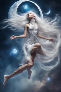 falling broken moon, gorgeous ethereal primal athletic goddess extraterrestrial female, flying upside-down, feet up, knees together,, curious expression, opal piercings, beautiful face, mesmerizing reflective galaxies in eyes, smooth translucent diamond skin, transcendental, mythic, mystic, warrior princess, wind blowing through long white hair,