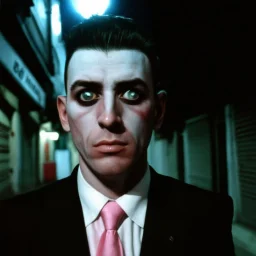 very grainy discolored 2000s photo, closeup portrait, dark night alley with no lights, grunge, extremely gaunt male with chalk-white skin wearing a good soviet era suit with a pink tie, calm, imposing, ridiculous hairdo, crazy look in the eyes, malkavian