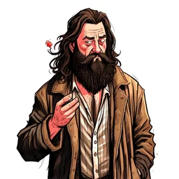 A man in loose, dirty clothes, who doesn't seem to care about his appearance. And holding a cigarette and light He has long, hair and an uncombed beard.