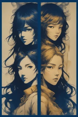 poster in two gradually, one girl illustration by <Yoji Shinkawa> and one girl illustration by <John Kenn Mortensen>, darkblue and gold tones,