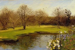 amazing sunny spring day, trees, flowers, fence, little pond, philip wilson steer impressionism painting