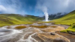 Valley of geysers, geyser field on Kamchatka Peninsula, Russia, geysers and many hot springs, paths and wooden walkways, beautiful composition, award-winning photograph, astonishing realism, 28mm lens, adjust perspective