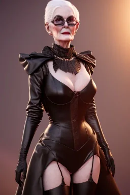 Carmen Dell`orifice as evil queen in black leather gown, angry, busty, curvey, cleavage, unreal 5, octane render,cinema4d, dynamic lighting, dramatic lighting, 4k, redshift render, highly detailed, hyper realistic