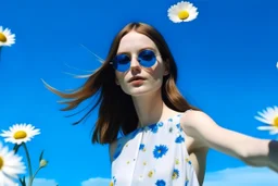 On a pop sky blue background, with embedded daisy flowers, a woman in a white dress, brunette, round sunglasses, 16K, real photography, advertising photography