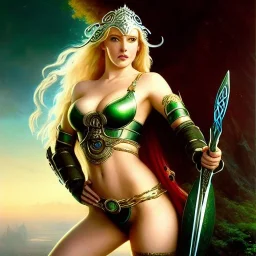 portrait 'beautiful Sexy Busty Blonde Sif',long hair,horned helmet, celtic tattoed,crystal clear green eyes,painting by gaston bussiere, greg rutkowski, yoji shinkawa, yoshitaka amano, tsutomu nihei, donato giancola, tim hildebrandt, oil on canvas, cinematic composition, extreme detail,fit full head inside picture,32k