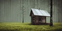 abandoned cabin between 2 mountains, raining, grass, trees, rain, lake, high contrast, best quality, 8k, hight detailed, 3d, render, lumion, shooting star, intricate,