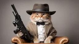 very clever cat with glasses and panama hat and gun in chair