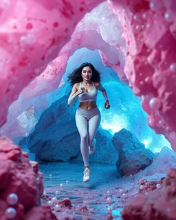 make a video pretty crystal cave covered with jwells and 3d recursive cubic and sphere base pearls and a beautiful fashion model lady with cute,curvy hair,makeup, in pretty sports suit is running inside cave ,dynamic camera fallow her inside cave capturing full body, dynamic lights.