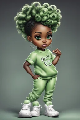 Create an airbrush image of a curvy chibi cartoon black female wearing a light green jogger set and black sneakers. Prominent make up with hazel eyes. Extremely highly detailed of messing curly bun