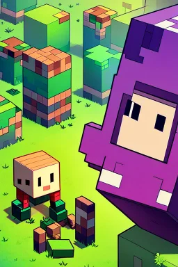 a portrait of a purple square face, Minecraft look, cute, farmer look, 2d, large pixel style