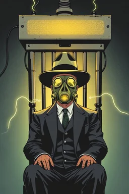 an electric chair with a man wearing a gas mask and wide brimmed flat top hat, graphic novel