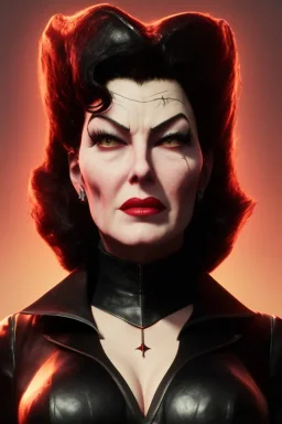 Ava Gardner as evil queen in black leather, busty, cleavage, curvy, angry, stern look. character design by cory loftis, fenghua zhong, ryohei hase, ismail inceoglu and ruan jia. unreal engine 5, artistic lighting, highly detailed, photorealistic, fantasy