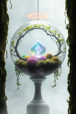 A semi transparent biome suspended above the pedestal, shrouded in mist, moving within overgrown moss vines, a sacred semi transparent object floating within the semi transparent sphere, a halo misty mist, inlaid in purple, green, and gold