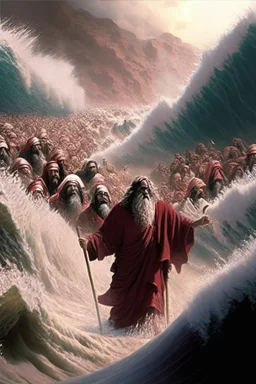 Moses parting the red sea while the Isrealites cross on dry land