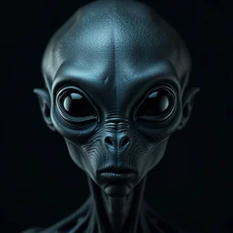 upper body shot of a super black skin alien, full head, 40 years old, looking at the camera, super big head, super big black eyes, small mouth, no ears, total black skin. photo real, hyperrealistic, high dynamic range, rich colors, lifelike textures, 8K UHD, high color depth. neutral dark background.