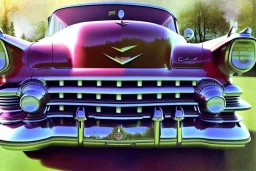 a true-to-life 1951 cadillac deville, classic wheels, pen and color marker, centered, intricate, extreme detailed, photorealism, center view, drive-in background, pivot on cadillac, painting by cheryl kelley