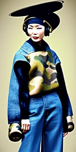 Lively fleshy Japanese woman black hair. thick thigh, thick calves. Style: Haute Couture, 1960's, late nineties, street style.Mantle is sewed of recycled Denim and sewed together of camouflage pieces.Big headphones, with gold rings, is merged with small felt cap with small visor. A bag is integrated to the mantle. Patterns are composed of orange, cream, blue, lilac and purple. blue latex somewhere. It is with big bright purple felt tippet and cream-colored-hood. mantle is merged with tippet.