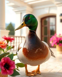 Generate image: Generate image: Generate image: A macro 3D render of a cute, lovely mallard with dark green neck ,entirely of translucent, glossy,colored jelly material. it is standing in terrasse of a luxury villa next to flowers ,subsurface scattering and gelatinous texture . High-quality CGI, octane render, 8k resolution, whimsical, adorable, clean composition., in the style of Portraits, in the style of Portraits, 4:3