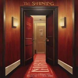 Movie poster for "THE SHINING" by "STEPHEN KING", stylized photo-layered modern poster design of a hotel door text "217" and Jack Nicholsen as a madman and Shelly Duvall screaming in terror, digital art, hyperreal, dramatic, smooth, by Drew Struzan and Tom Jung