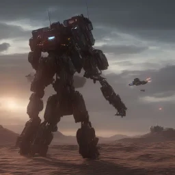 Armored Core machine robot fight another Armored Core fly in the sky in the desert with beside the ocean where you can see the space in the sky with twilight on the horizon, 4k resolution