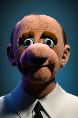 Waist up muppet Portrait, Vladimir Putin as muppet doll, Black suit, photo studio, blue background, unreal engine 5, concept art, art station, god lights, ray tracing, RTX, lumen lighting, ultra detail, volumetric lighting, 3d.