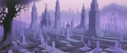 A light purple graveyard with ghosts painted by the Limbourg brothers