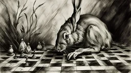 abstract painting, A wild rabbit is wreaking havoc on the chessboard, Charcoal, Ink combinated Analogue film photo, 1950s, candid, retro analog, 35mm film, film grain,