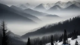 Far over the misty snow capped mountains cold