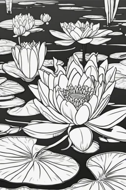 flowers coloring page for kids, water lily, cartoon style, thick outline, low details, no shading, no color