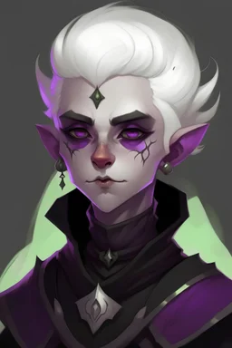 facial portrait dnd androgynous gnome, obsidian spotless skin, purple eyes, shoulder white hair, oval face, full lips