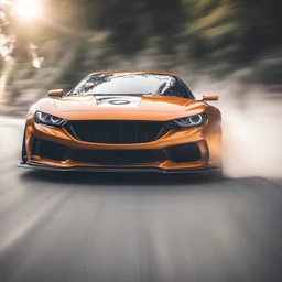 Facing front Sports car drifting around a corner, motion blur, narrow depth of field, lens flare, dynamic angle, asphalt spray, high octane energy