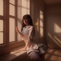 Study girl in university by the window ,movie, real photo realistic, unreal engine, cinematic lighting --ar 1:1 creative