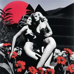 [art by Helmut newton] false east, nightmare embrace, pulp sci-fi, retro, dark sci-fi, hippie aesthetic, flower power, trippy colors, tarot, macabre, pin-up girls