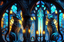 Futuristic cat shaped fancy candles, H.R. Giger style stained glass cathedral, Caravaggio, James Jean, Erin Hanson, hyperdetailed, backlit