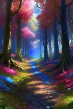 A sparkling forest path is seen running through the middle of the forest, with huge trees filled with bright pink, violet and blue leaves. Very small, writhing globules rising from plants