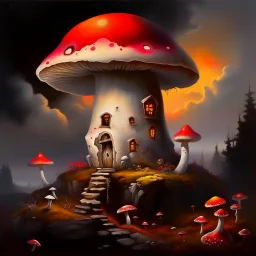 A rustic white, red and orange (((mushroom house))) perched atop a (tall geologic pillar), surrounded by a ((( rainbow haze ))), offset by the subtle hues of an (dark space scape), within. captured by the hand a skilled master painter with a focus on (hard bold compositions and voluminous lighting).detailed matte painting, deep color, fantastical, intricate detail, splash screen, exaggerated colors, fantasy concept art, 8k resolution