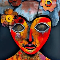 an abstract painting of rusted metal and flowers, Geisha portrait, rust, scaffolding, iron cladding, decay, mixed media, textured, anatomically correct, beautiful perfect face, sharp focus, highly detailed by Joan miro