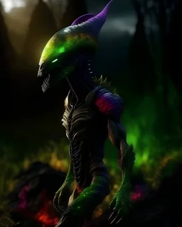 extremely realistic 4k highly-detailed image of a tall muscular metallic Xenomorph dissolving into moss, mossy, green, textured, forest, mystical vibe, smoke, rainbow, cinematic psychedelic sunset