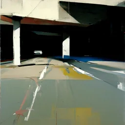 Minimal abstract oil paintings desolate 1960s carpark concrete fragments and naked bodies. style of Justin Mortimer and Francis Bacon. road markings.