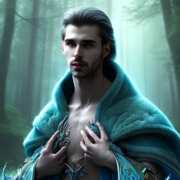 crazy detail, magical forest background, waterfall, blue but cloudy skies,close up of face and neck of cute dark male vampire poet wearing soft robes and blue gloves,dark stone statue, lively eyes,hidden hands, framed by foliage, shiny eyes, holding up scroll