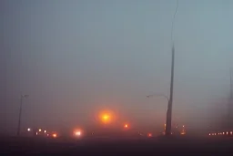 Burning zeppelin, dark cityscape, glowing streetlights, light fog